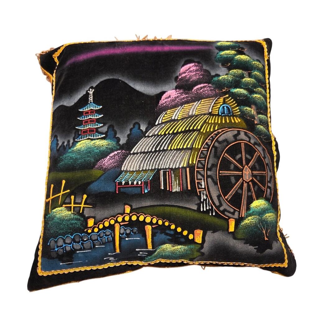 Vtg Japan Souvenir Black Velvet Pillow Asian Village Fringed Red Backed Silk